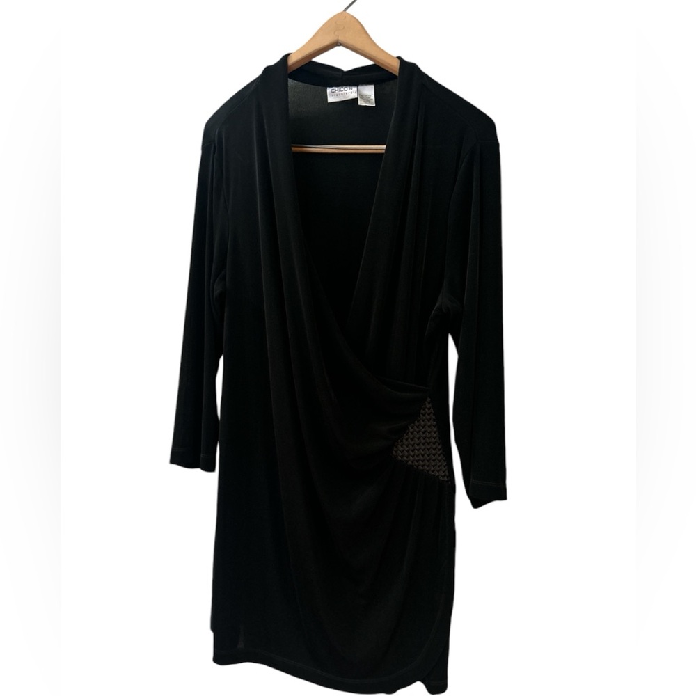 Chico's Travelers Blouse Long Tunic Size 3 Black 3/4 Sleeve Acetate Stretch